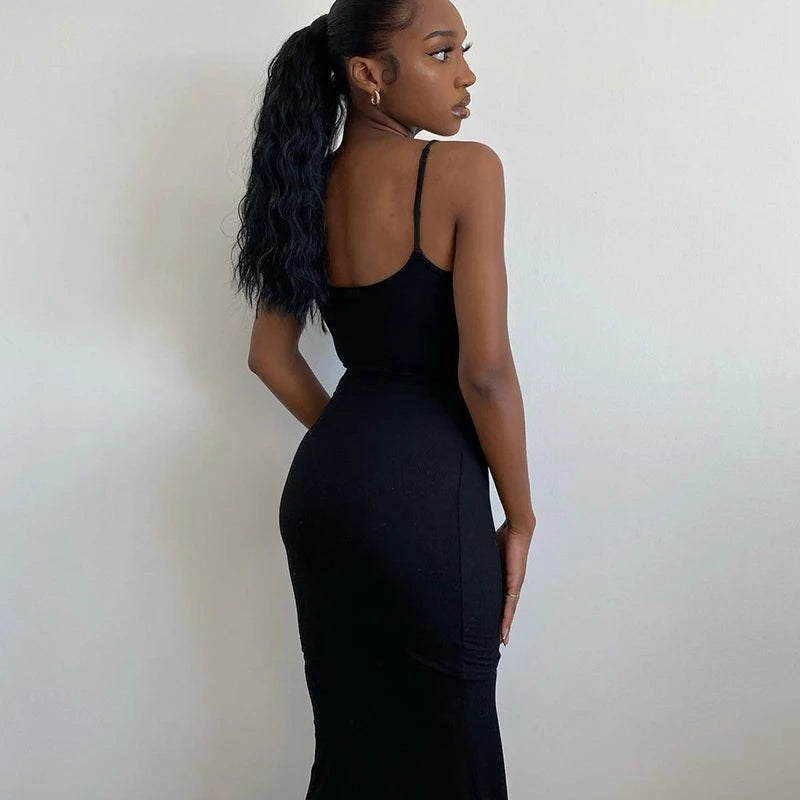 Dresses For Women 2023 Sexy Spaghetti Strap Black Long Dress Evening Y2k Sleeveless Solid Skinny Bodycon Maxi Vestidos