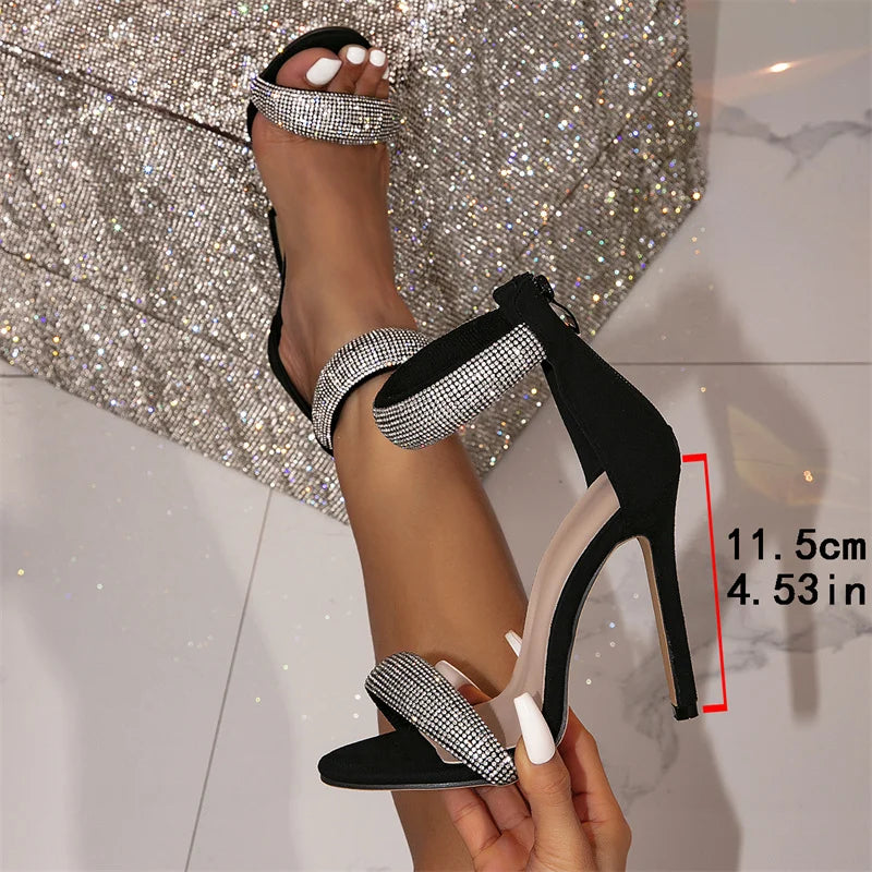 Liyke Fashion Glitter Rhinestones Ankle Wrap Zip Sandal Women Summer Fashion Open Toe Stripper Heels Party Dress Shoes Black