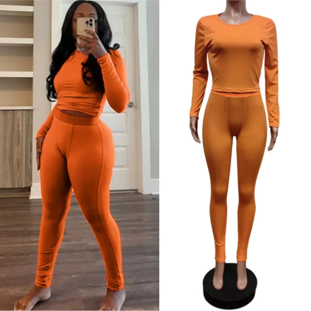 FAGADOER Autumn Winter New Ribbing 2 Piece Sets Women Outfit Solid Long Sleeve Crop Top + High Waist Leggings Suits Sportswear