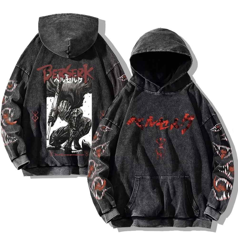 Autumn Men's Hoodies Gothic Print Vintage Washed Hoodie Hip Hop Streetwear Cotton Sweatshirts Harajuku Casual Pullover Y2K Tops