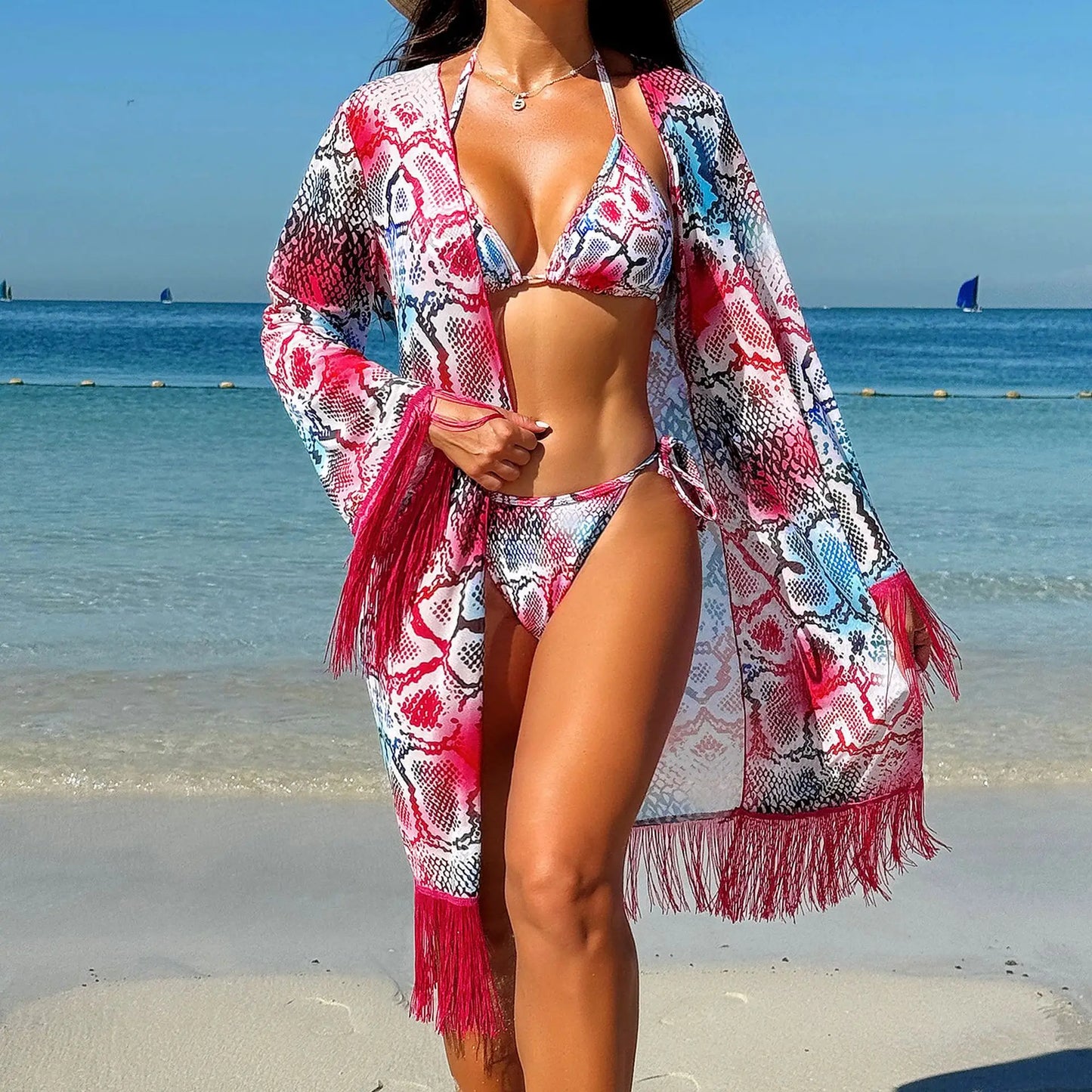 2024 Three Pieces Bikini Set Cover Up Swimwear High Waisted Bikini Set Women's Swimwear Print For Female Bath Suit Tropical