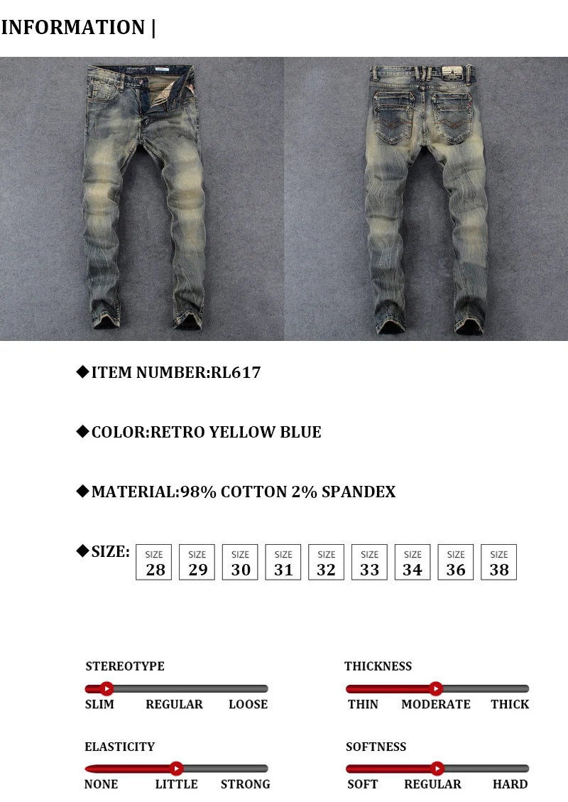 Newly Vintage Fashion Men Jeans Retro Washed Elastic Slim Fit Ripped Jeans Men Italian Style Designer Casual Denim Pants Hombre