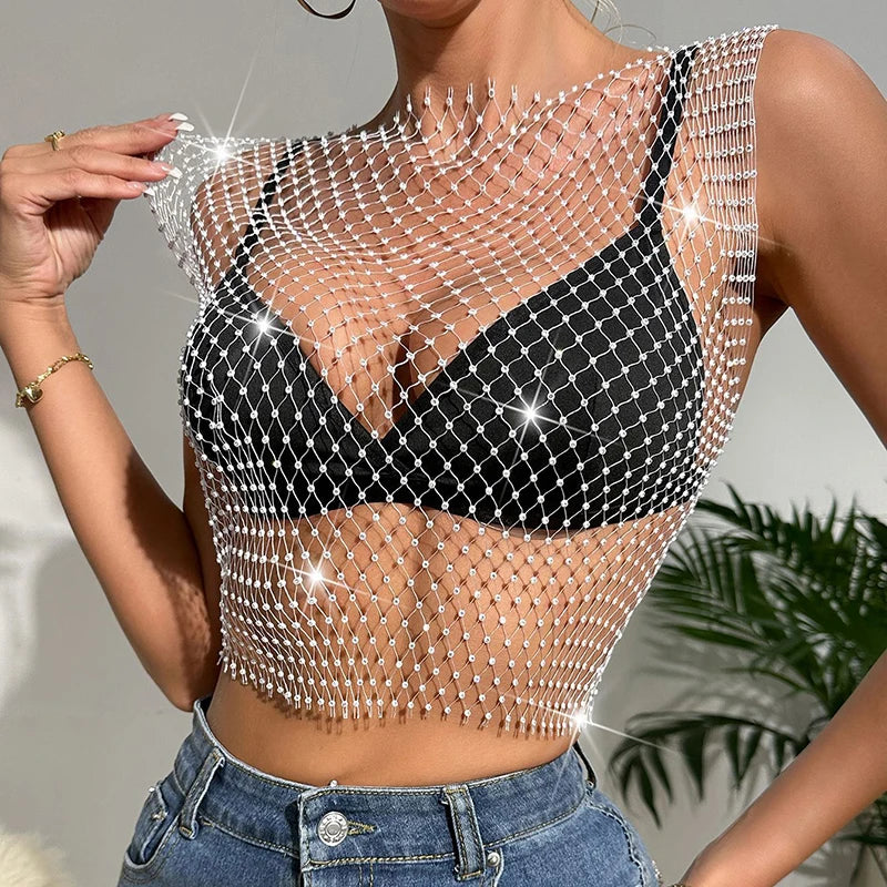 New Sexy Mesh Crop Tops for Women Summer Rhinestones Fashion Party Club See Through Fishnet Tank Hollow Out Backless Top