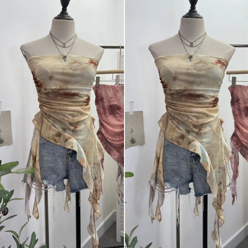 Women's Tie Dye Ruffled Ribbon Mesh Tube Top Irregular Mesh Sleeveless Tube Top Sexy Backless Vest Party Leisure Essential 9956