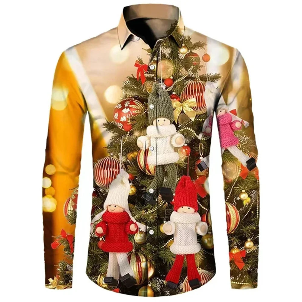 men's Long Sleeves shirt Christmas tree white snow 3D print Christmas classic style long sleeved Shirt fashionable men's shirt