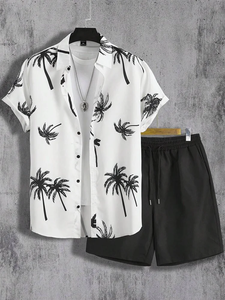 Hawaiian Coconut Tree Print Men's Shirt Summer Short Sleeve Tops Beach Shorts 2 Piece Sets Casual Vacation Style Outfit Clothing