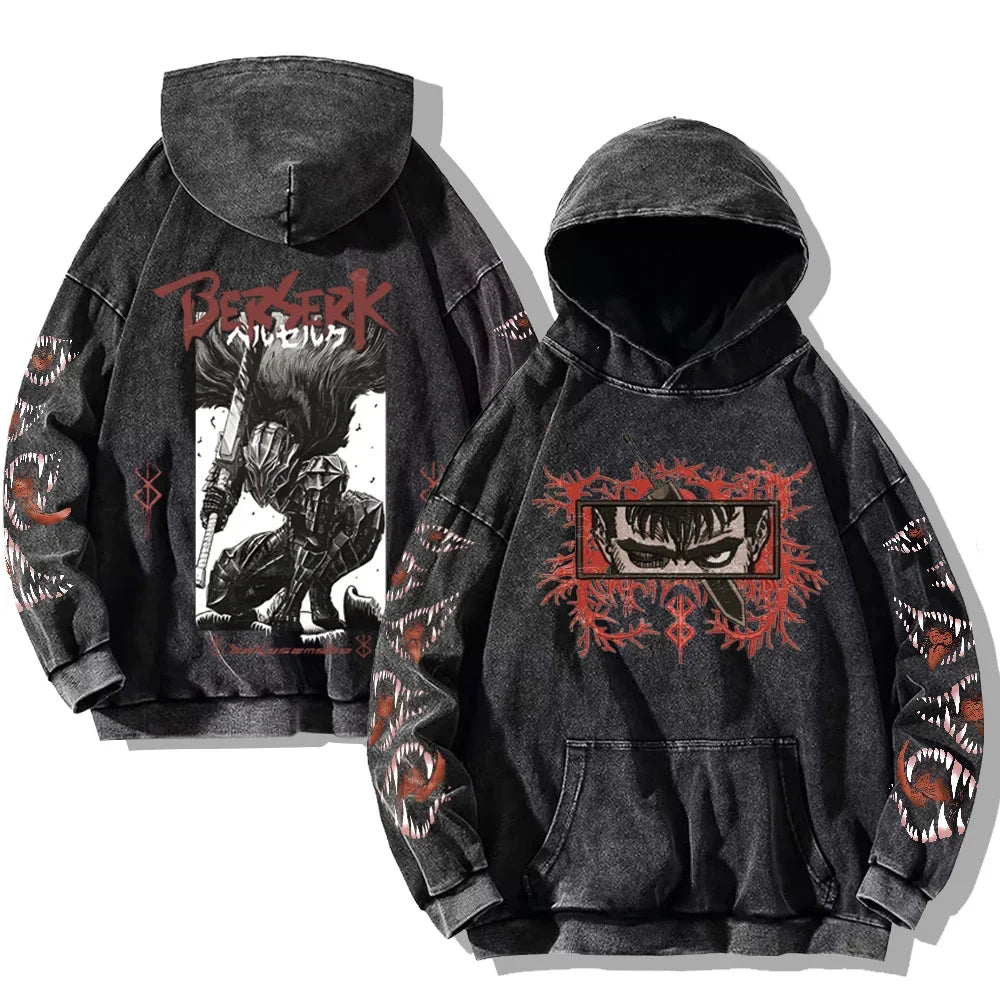 Autumn Men's Hoodies Gothic Print Vintage Washed Hoodie Hip Hop Streetwear Cotton Sweatshirts Harajuku Casual Pullover Y2K Tops