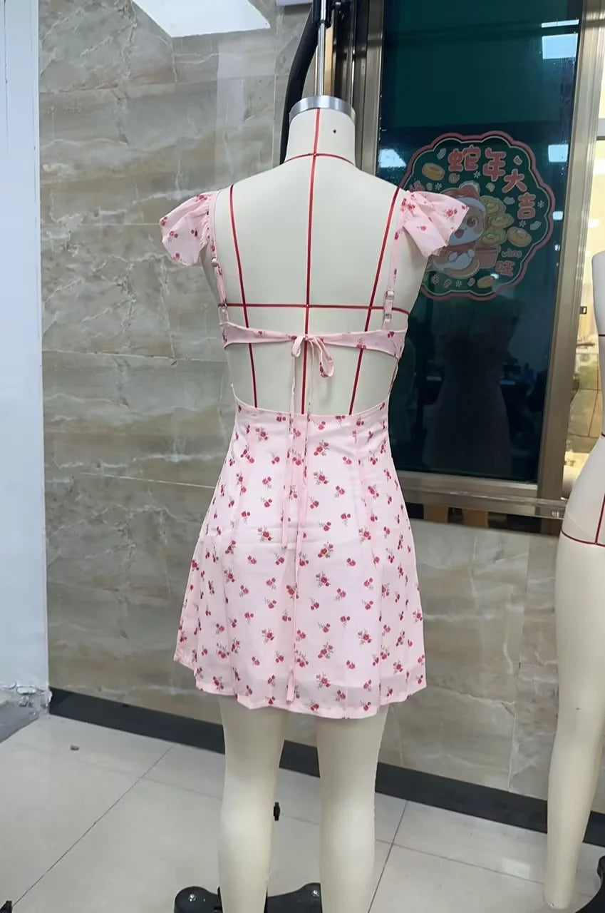 hirigin Women Mini Dress Sleeveless V Neck Backless Tie-up Floral/Dots Summer A-line Dress for Club Party Holiday Beach Sundress