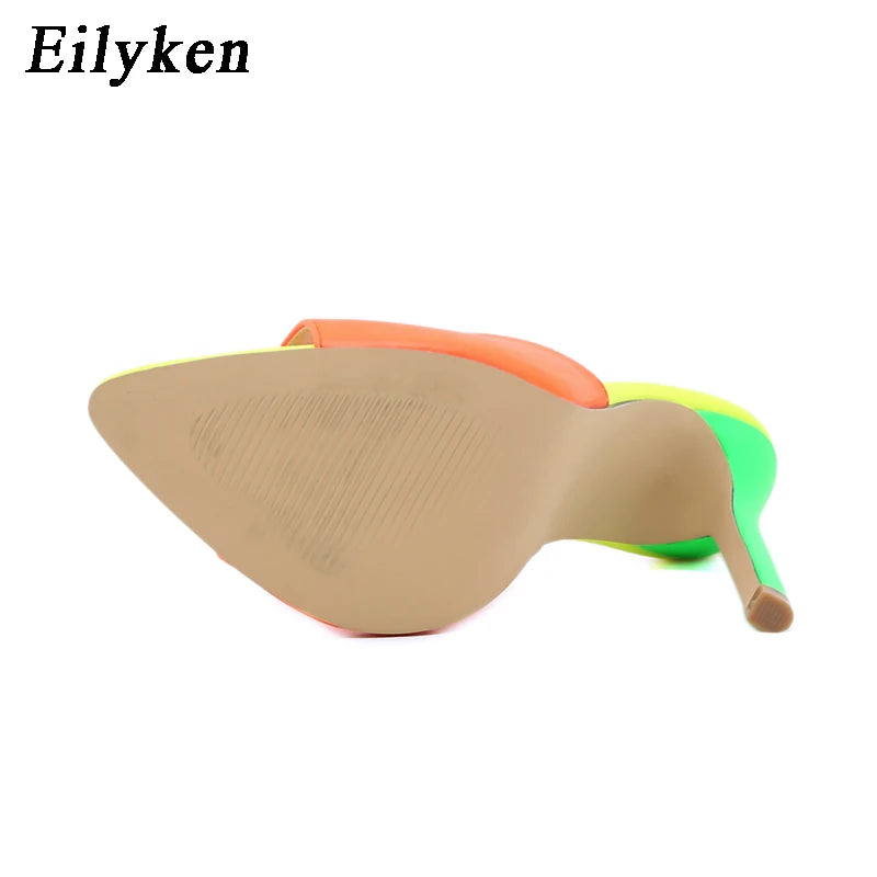 Eilyken Sexy Pointed Toe Mule High Heels Slipper Stripper Summer Fashion Mixed Color Slip On Slides Women Party Sandal Shoes