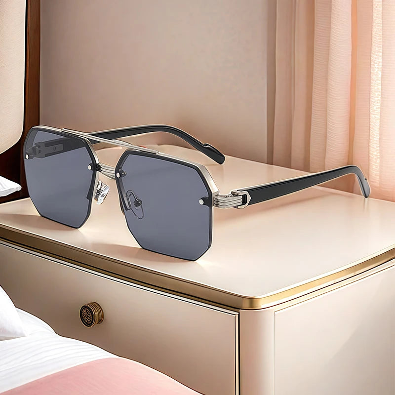 Oversize Retro Double Bridges Polygon Square Metal Men Sunglasses Fashion Gradient Shades UV400 Trending Women Sun Glasses