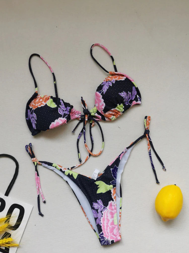 OIINAA Sexy Bikini Set Women Swimsuit Two-Piece Lace Up Pleated Female Swimwear Backless Bathing 2025 Summer Fashion Beachwear
