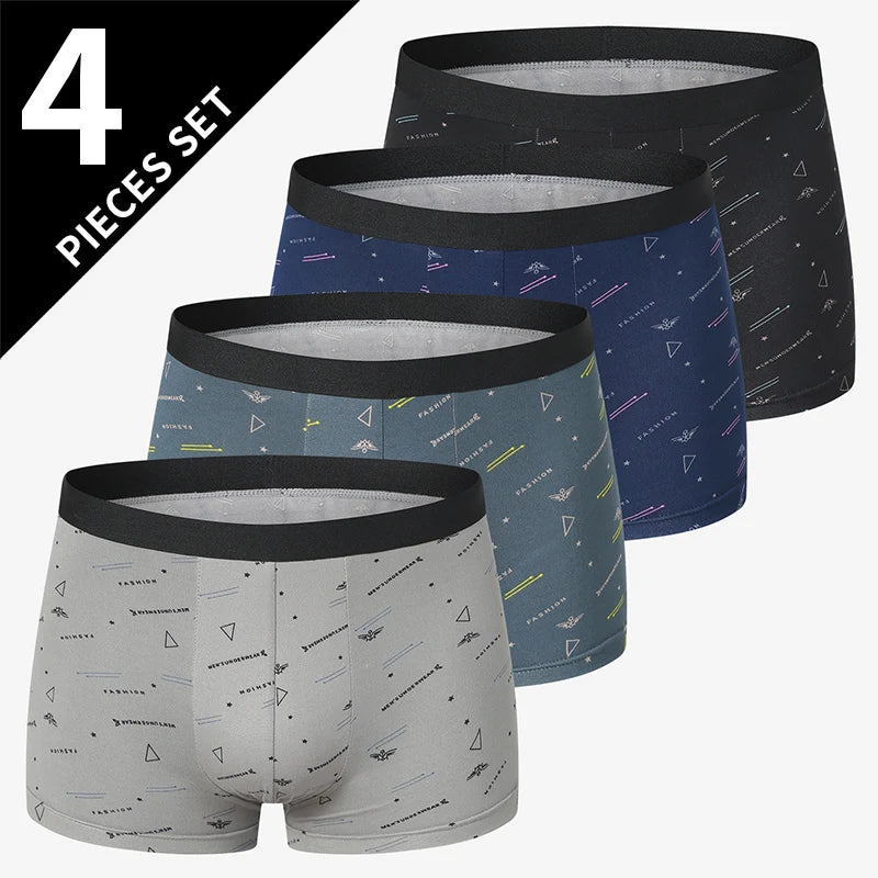 4 Pcs European and American Size MEN'S Printed Fashion Boyshort Comfortable MEN'S Waist plus Size Underwear Sexy Swimming Trunk