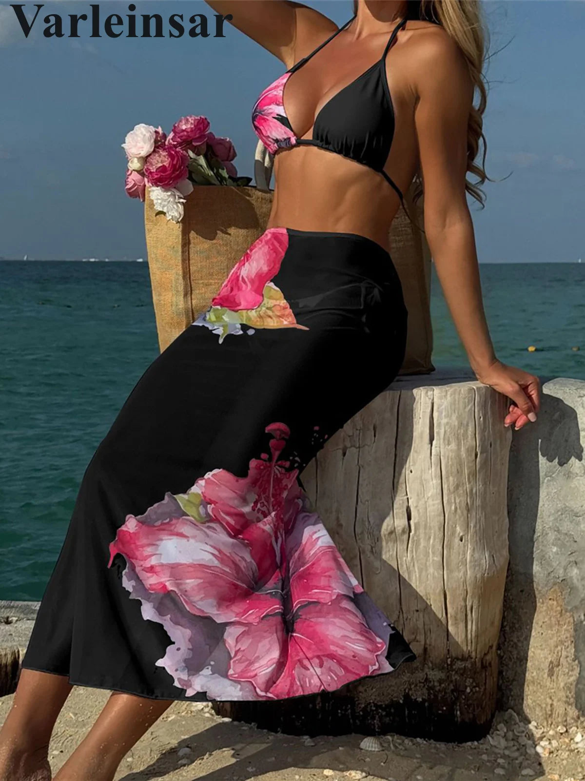 Flowers Printed With Skirt Halter Bikini Women Swimwear Female Swimsuit Three-pieces Bikini set Bather Bathing Suit Swim V6637