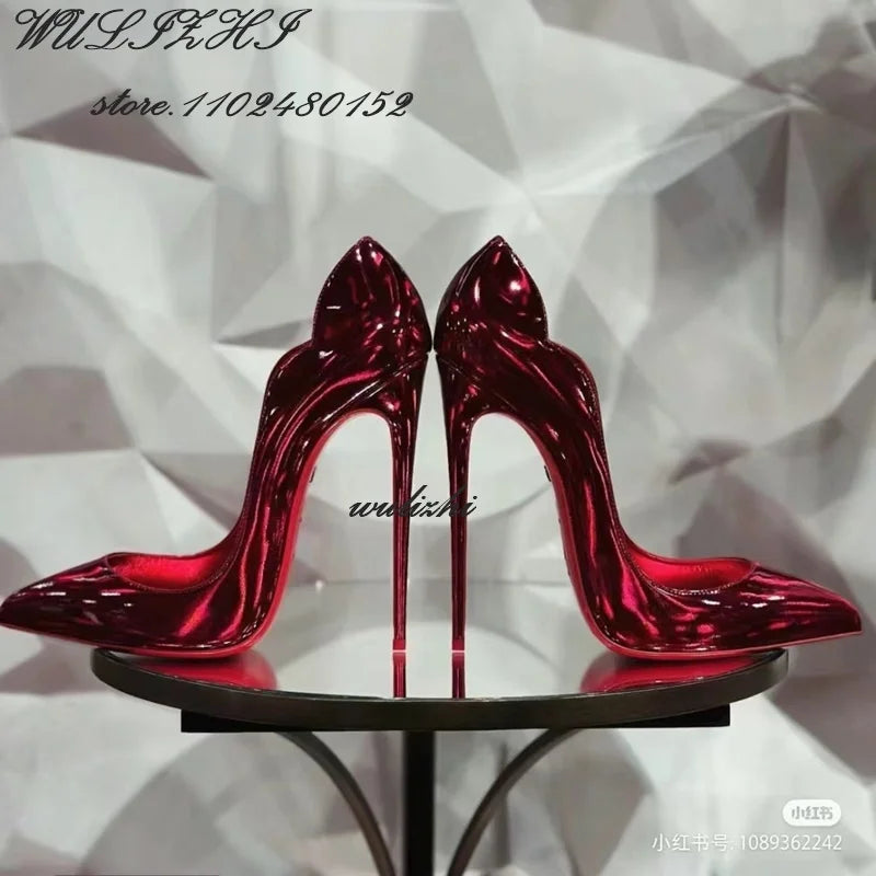 Red Shiny Mirror Sexy Heels Girl Dress Hollow Pointed Toe Sandal Spring Bling Catwalk Metallic Glitter Pump Concise Shallow Shoe