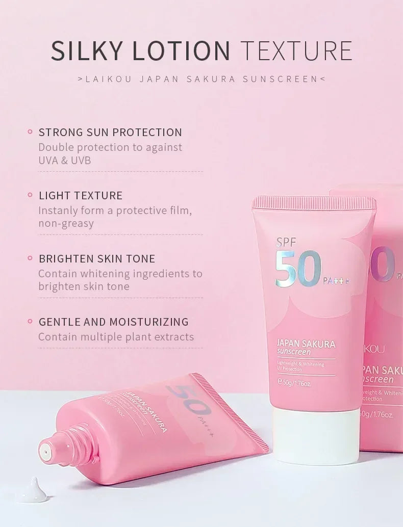 LAIKOU SPF 50 PA+++ Sakura Sunscreen For Face Body Neck Solar Blocker Long-Lasting Sun Block Facial Sunscreen Sun Cream 50g