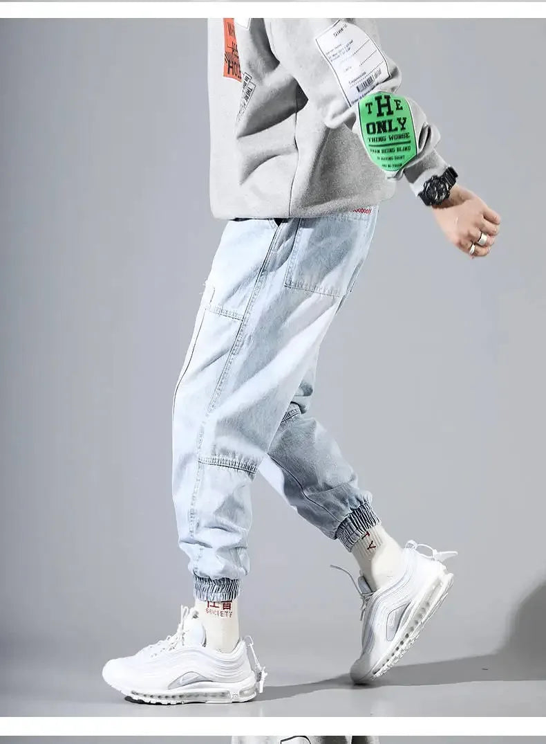 Korean Fashion Ankle Banded Denim Men Jeans Black Gray Cargo Pants for Men Elastic Baggy Harem Pants Streetwear Hip Hop Jeans