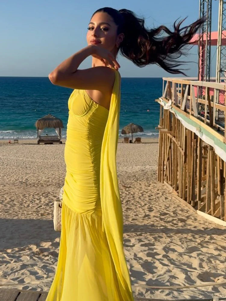 VC Yellow Halter Neck Tie Closure Ruched Long Dress Mesh Key Hole High Slit Pleated Celebrity Birthday Party Cocktail Dress