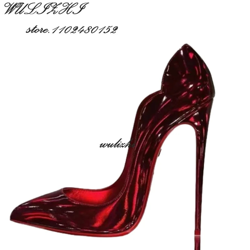 Red Shiny Mirror Sexy Heels Girl Dress Hollow Pointed Toe Sandal Spring Bling Catwalk Metallic Glitter Pump Concise Shallow Shoe
