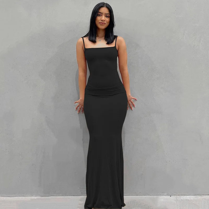 Dresses For Women 2023 Sexy Spaghetti Strap Black Long Dress Evening Y2k Sleeveless Solid Skinny Bodycon Maxi Vestidos