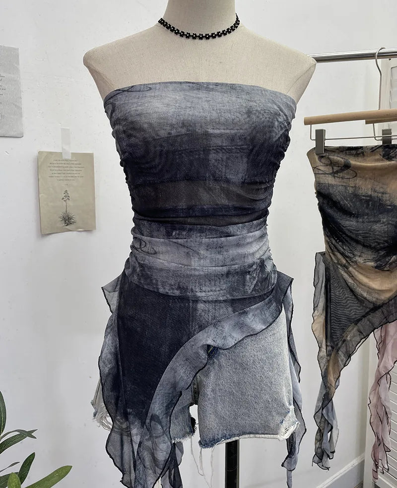 Women's Tie Dye Ruffled Ribbon Mesh Tube Top Irregular Mesh Sleeveless Tube Top Sexy Backless Vest Party Leisure Essential 9956