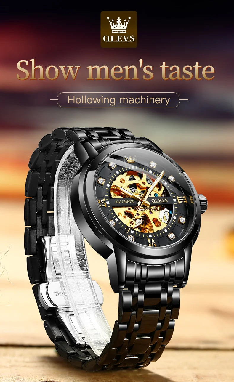OLEVS Skeleton Watch Men Waterproof Luminous Casual Automatic Mechanical Watche Sports Men Black Steel Wristwatch Reloj Hombre