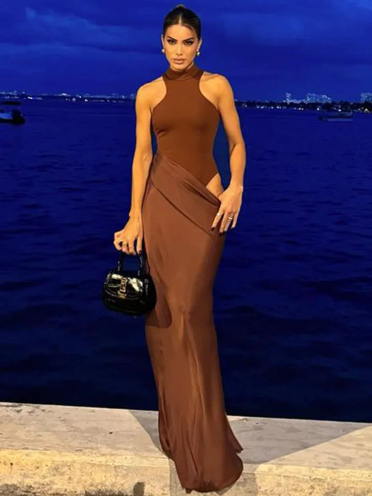 Mozision Women Sexy Party Club Evening Bodycon Sleeveless Long Dress Backless Soild Color Elegant Summer Dress