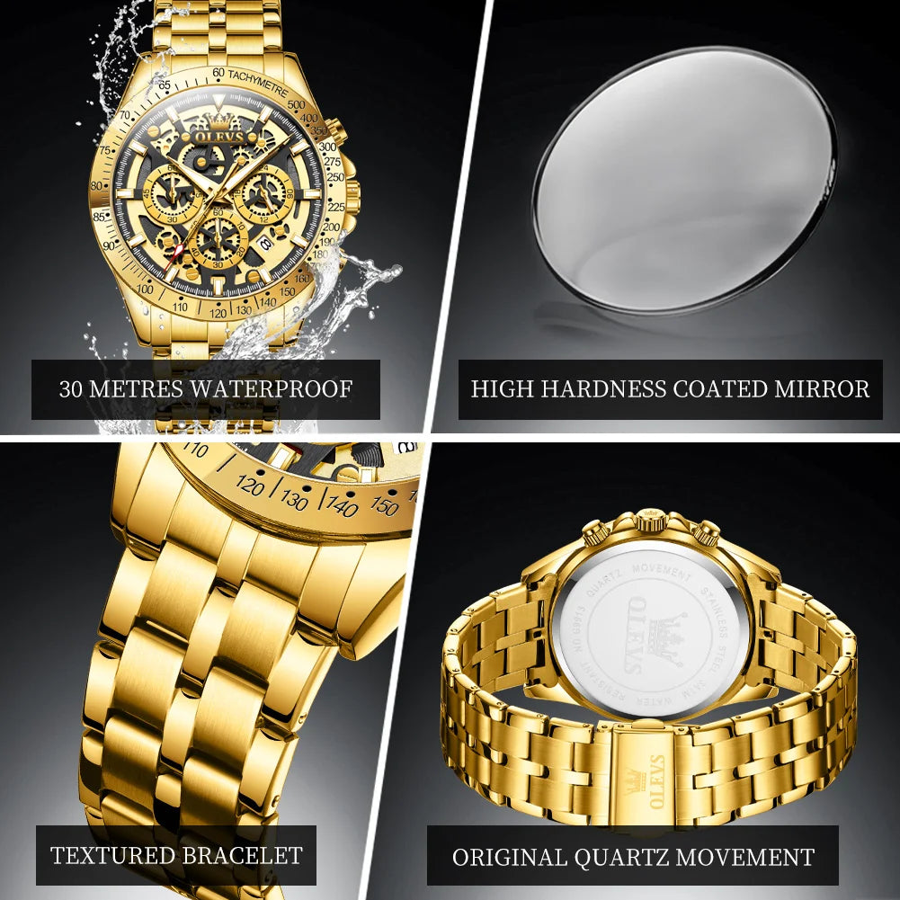 OLEVS Business Gold Men Watches Full Skeleton Stainless steel Chronograph Wristwatch Waterproof Luxury Luminous Quartz Watch Men