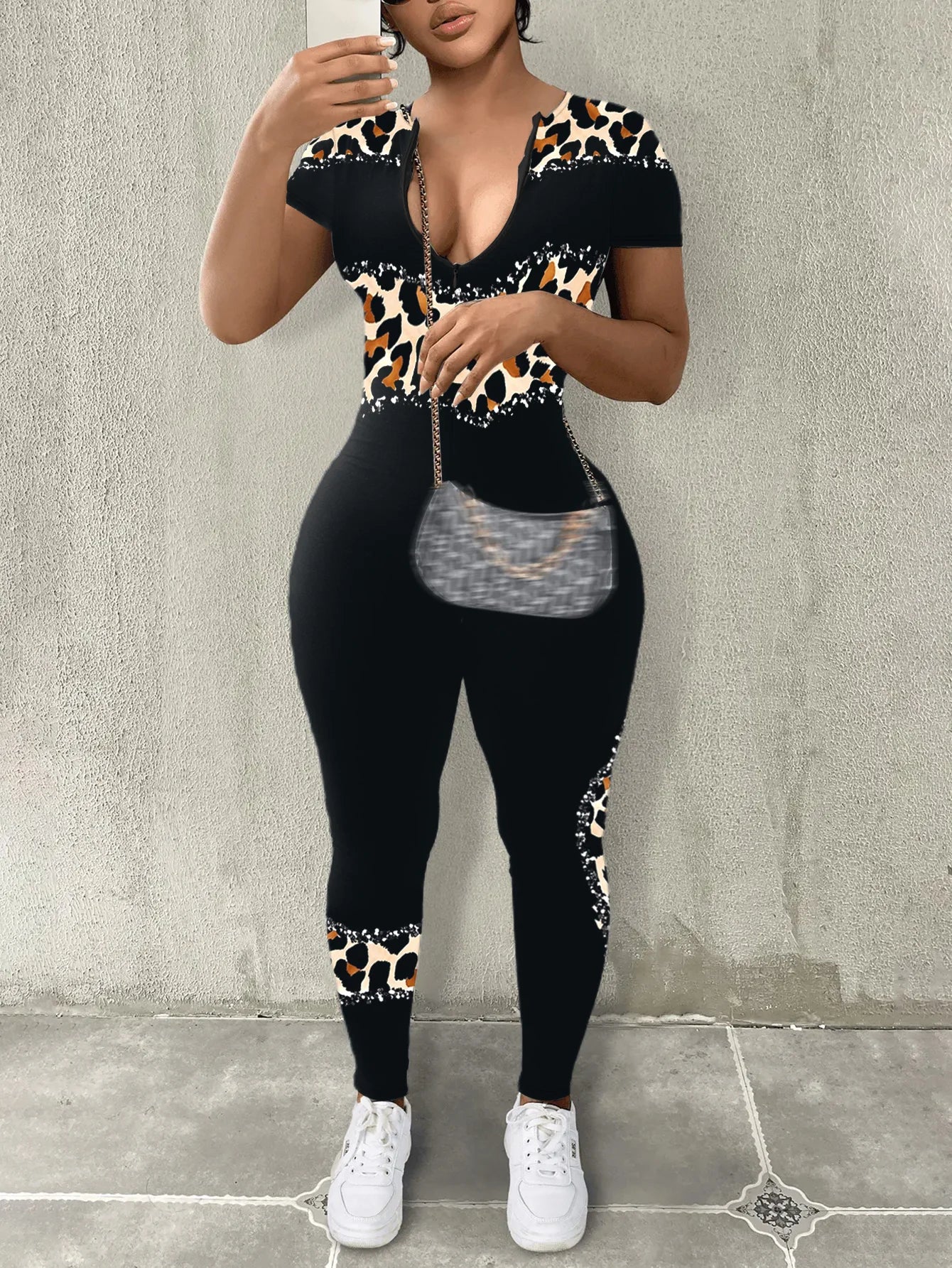 LW Spring Summer Women Casual Fashion V-Neck Long Sleeve Zipper Design Skinny One-Pieces Sportswear Outfits Jumpsuit