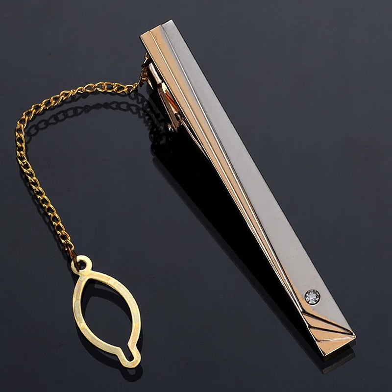 New Metal Gold Color Tie Clip With Chain For Men Wedding Necktie Tie Clasp Clip Gentleman Ties Bar Tie Pin For Men's Accessories