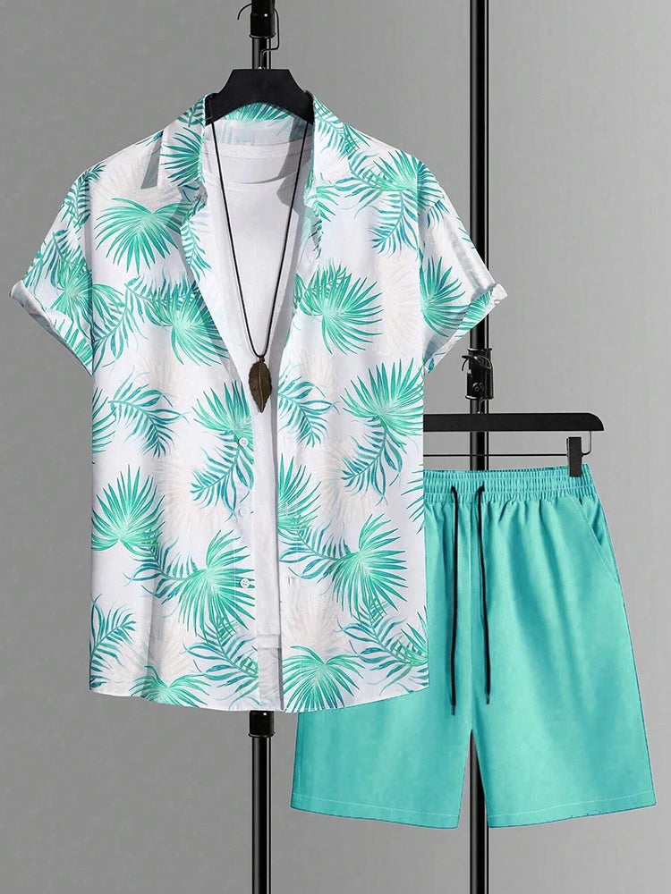 Hawaiian Coconut Tree Print Men's Shirt Summer Short Sleeve Tops Beach Shorts 2 Piece Sets Casual Vacation Style Outfit Clothing