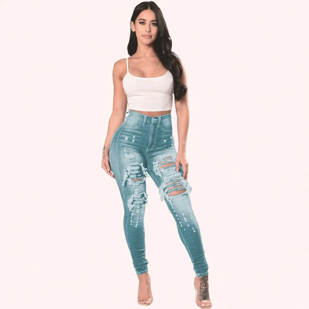 Europe and America Fashion Stretch Washed Ripped Jeans, Women's Spring and Autumn New Slim-fit High-waisted Small Feet Pants