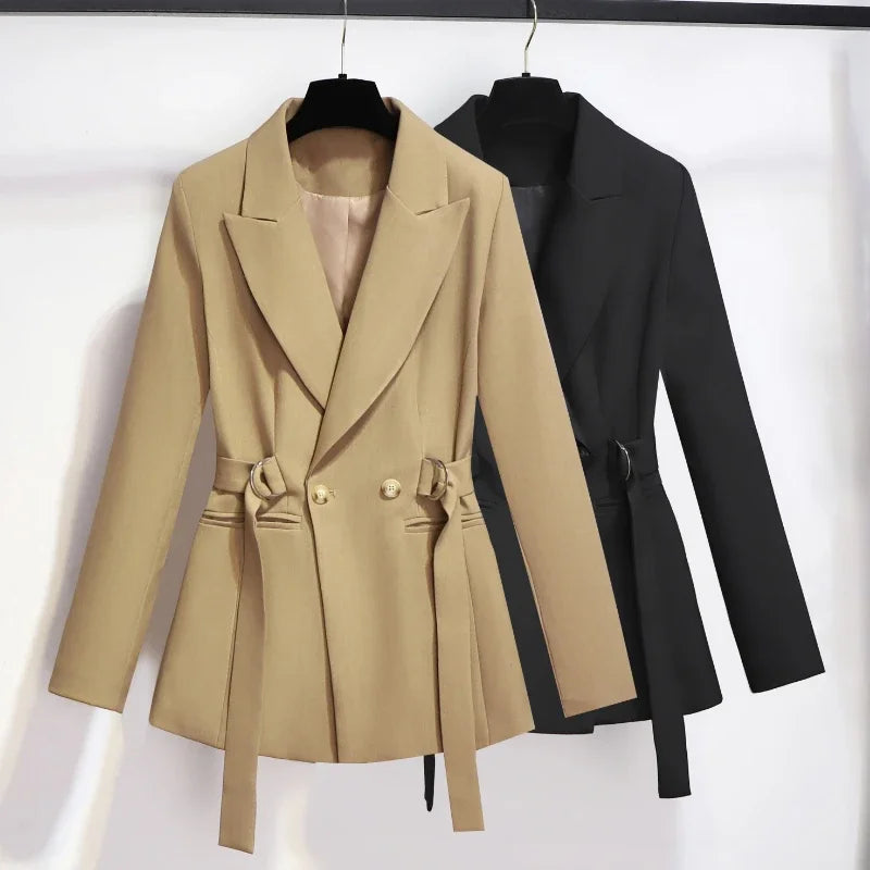 Women's Blazer 2024 Autumn New Korean Fashion Stylish Tie Waist Jacket Unique Luxurious Outerwear for Women Medium Length Jacket