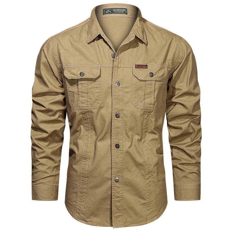 New Autumn Fashion Coton Shirts for Men Long Sleeve Multi-Pocket Cargo Shirt Solid Color Casual Outdoor Colthing Men's Shirt
