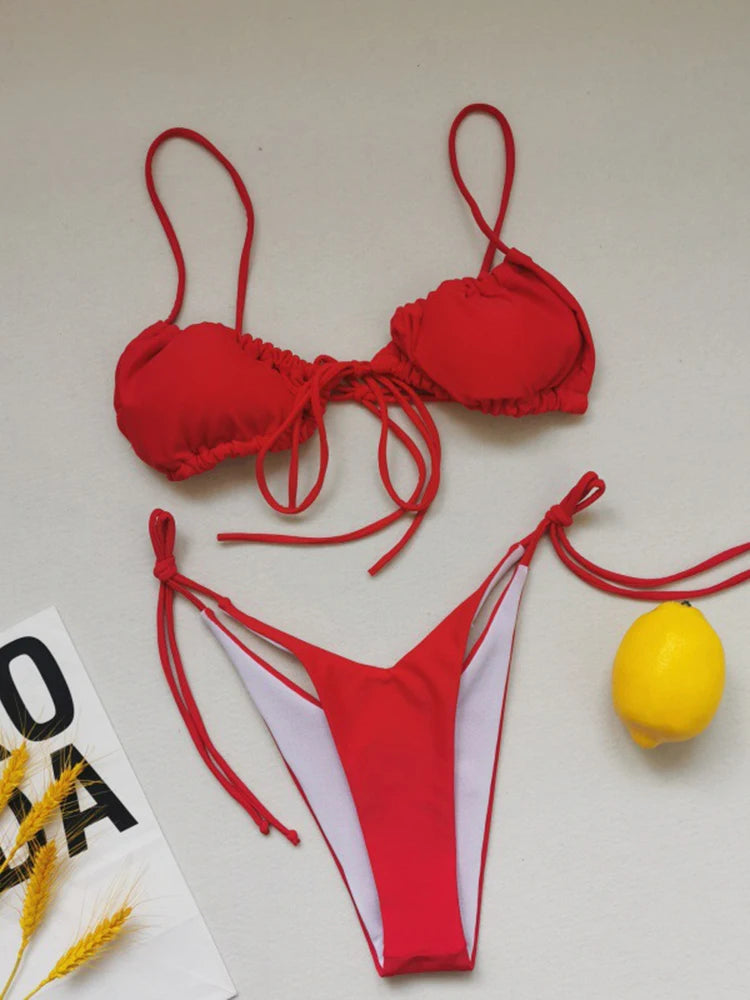 OIINAA Sexy Bikini Set Women Swimsuit Two-Piece Lace Up Pleated Female Swimwear Backless Bathing 2025 Summer Fashion Beachwear