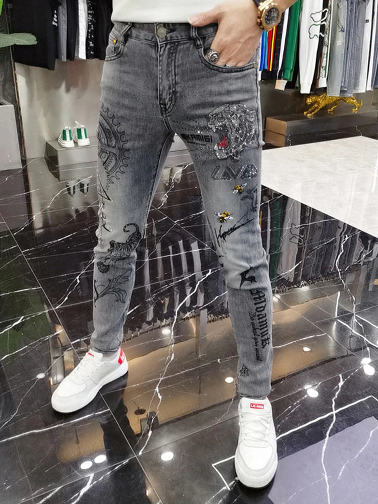 Fashion Korean Style Gray Skinny Jeans Tiger Printing Luxury Men's Streetwear Slim Jeans Autumn Casual Wear Motorcycle Men Jeans