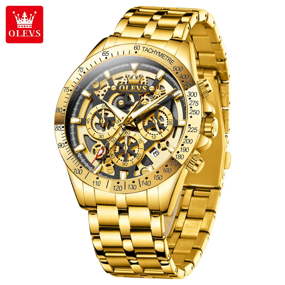 OLEVS Business Gold Men Watches Full Skeleton Stainless steel Chronograph Wristwatch Waterproof Luxury Luminous Quartz Watch Men