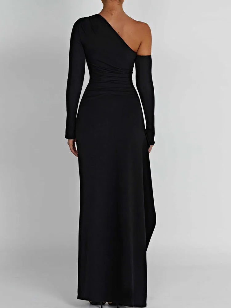 Women's Black One-shoulder Long Dress y2k Sexy Bodycon High Waist Slit Robe Luxury Autumn Party Evening Cocktail Maxi Dress