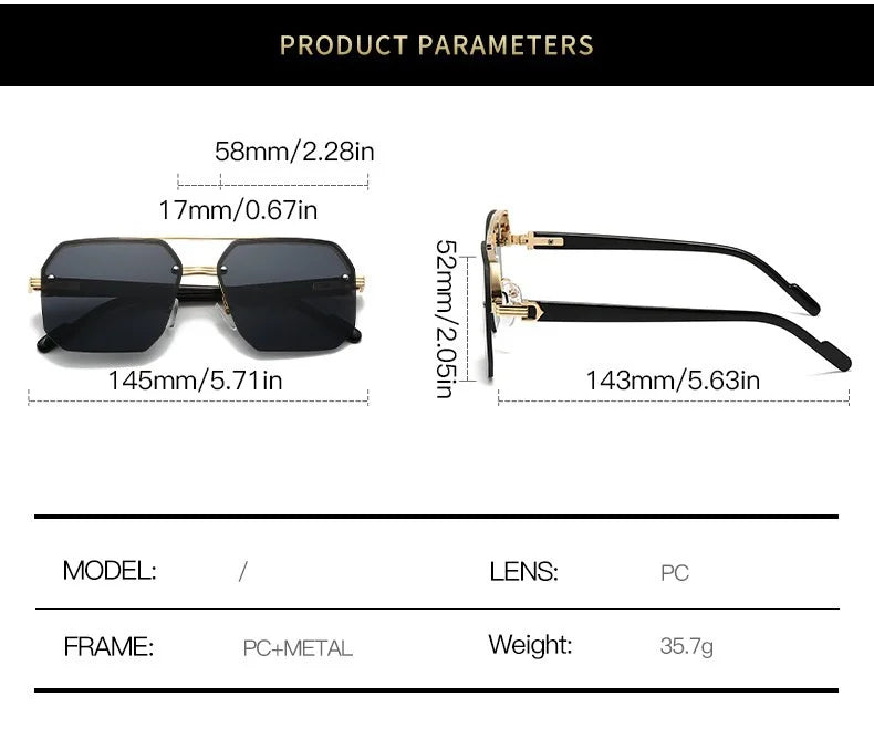 Oversize Retro Double Bridges Polygon Square Metal Men Sunglasses Fashion Gradient Shades UV400 Trending Women Sun Glasses