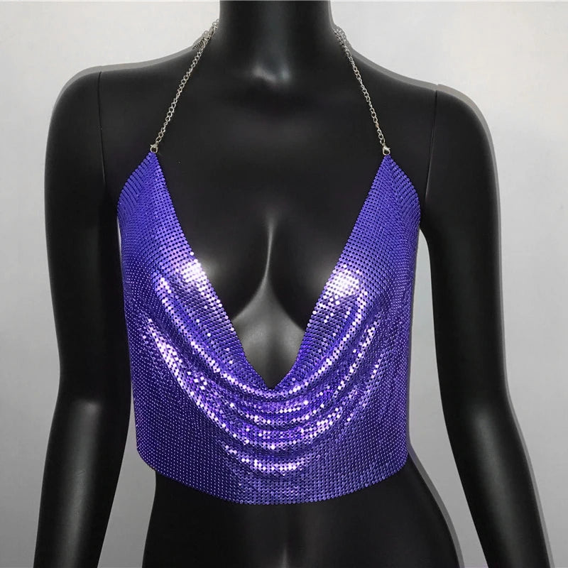 AKYZO Women 2025 Sexy Metal Sequined Tank Camis Summer Gold Silver Backless Cropped Glitter Beach Club Show Wear Tank Tops