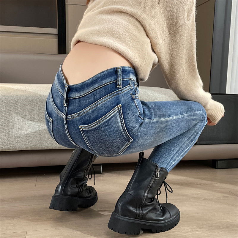 Women Winter Thermal Jeans Snow Warm Stretchy Skinny Vintage Jeans Lady Denim Pencil Pants Casual Daily High Waist Trousers