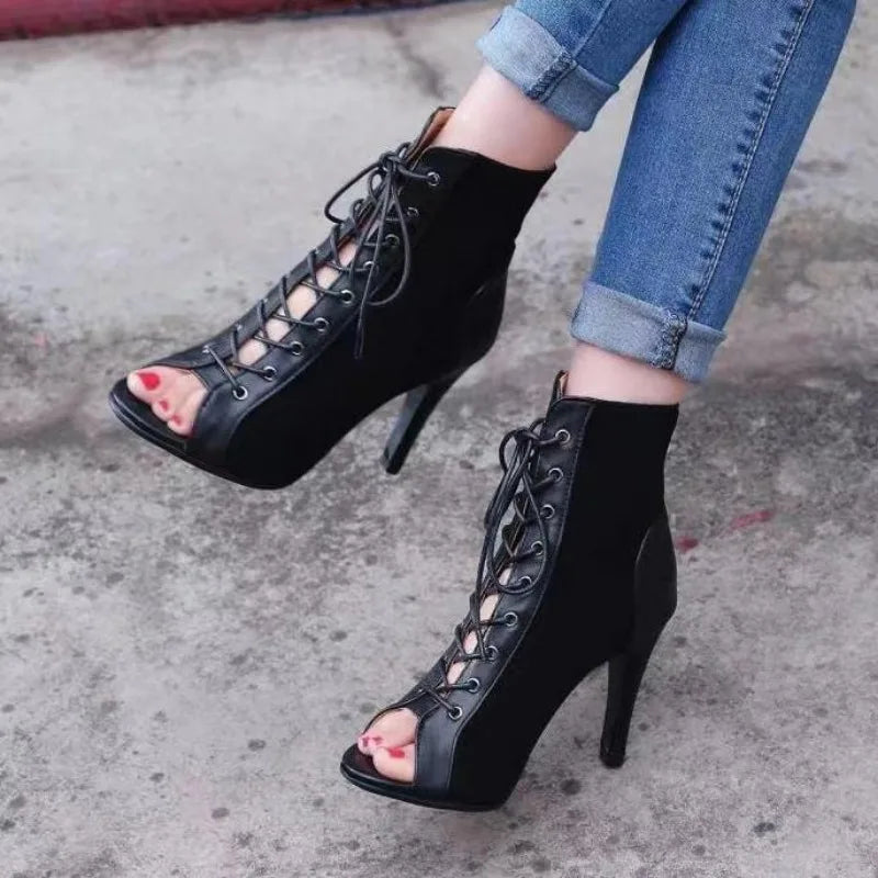 New Lace-Up Sandals Heels Women's Shoes Summer Trend Black Sexy Peep Toe Boots Fashion Cloth Stilettos Jazz Dance Female Sandal