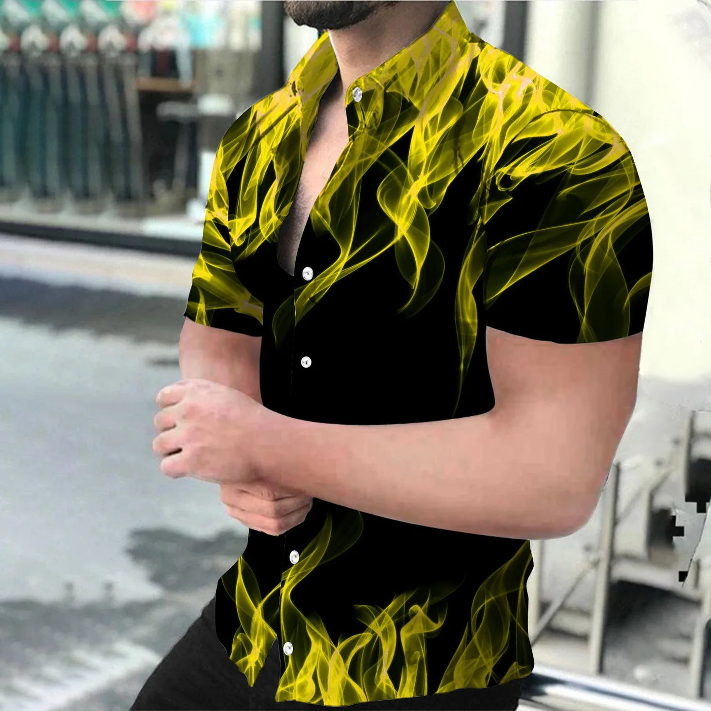Summer New Men's Shirt Fashion Casual Breathable 3D Printing Flame Loose Long Sleeve Shirt Button Men's Oversized Tops