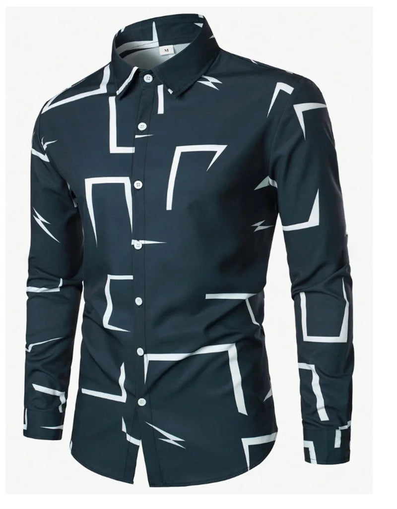 Men's casual versatile fashion street men's shirt lapel single-breasted long-sleeved men's simple geometric long-sleeved shirt