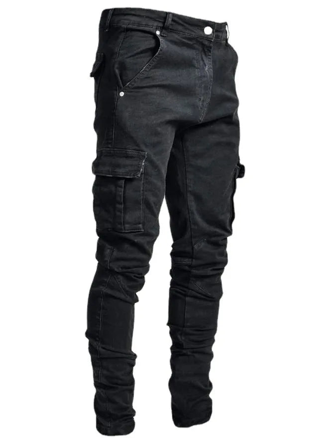 New Jeans Men Pants Wash Solid Color Multi Pockets Denim Mid Waist Cargo Jeans Plus Size Fahsion Casual Trousers Male Daily Wear