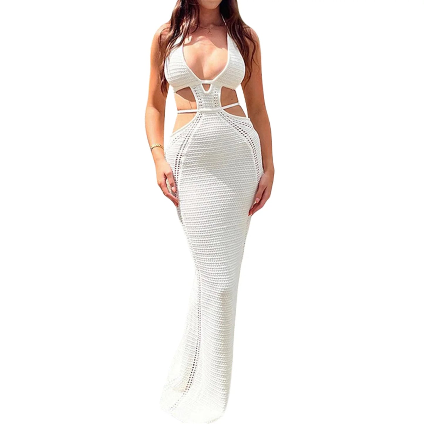 Women Halter Bodycon Long Dress Sexy Hollow Out Open Back Sleeveless Backless Knit Beach Dress Slim Fit Clubwear