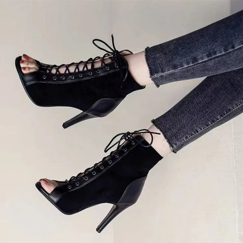 New Lace-Up Sandals Heels Women's Shoes Summer Trend Black Sexy Peep Toe Boots Fashion Cloth Stilettos Jazz Dance Female Sandal