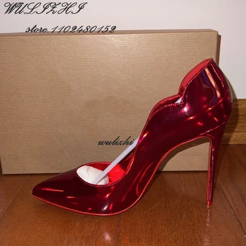 Red Shiny Mirror Sexy Heels Girl Dress Hollow Pointed Toe Sandal Spring Bling Catwalk Metallic Glitter Pump Concise Shallow Shoe