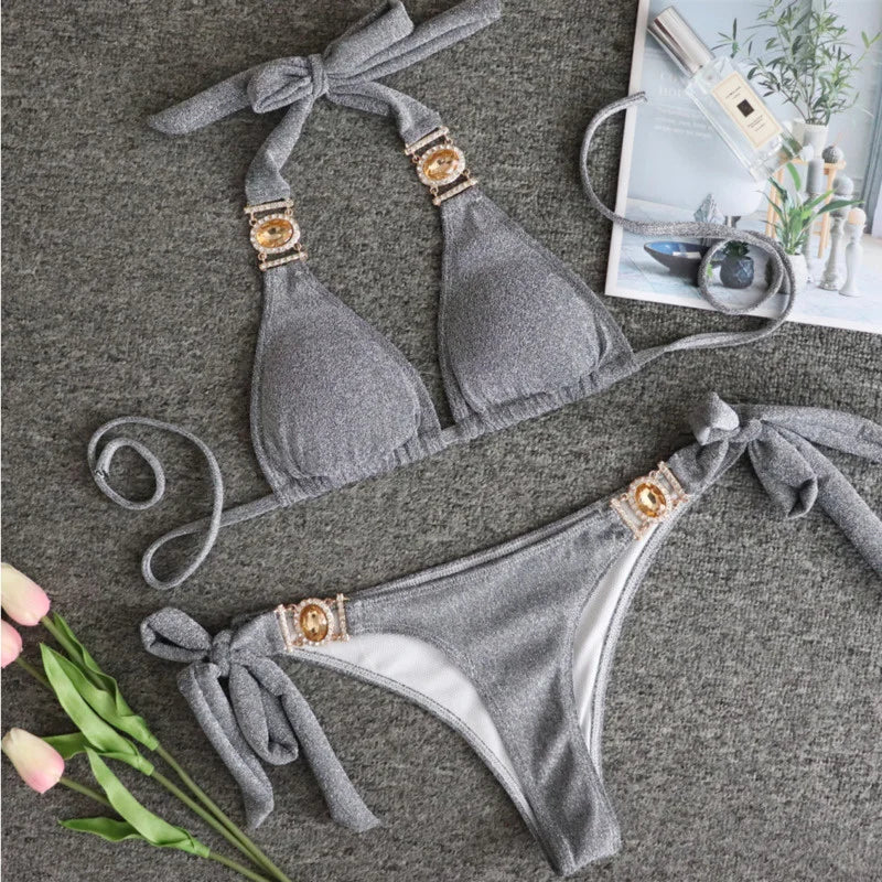 2025 Sexy Bikinis Swimsuit With Rhinestones Solid Color Swimwear Female Push Up Bikini Beach Swimming Bathing Suit Women Bather