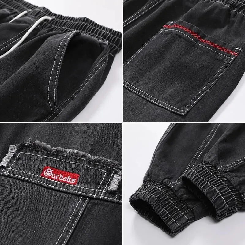 Korean Fashion Ankle Banded Denim Men Jeans Black Gray Cargo Pants for Men Elastic Baggy Harem Pants Streetwear Hip Hop Jeans