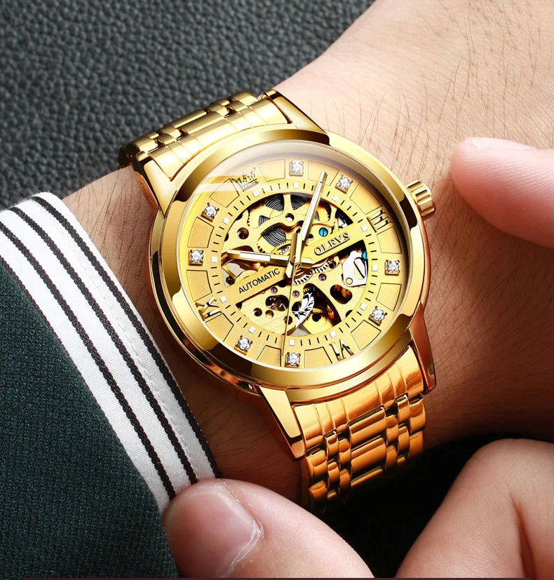 OLEVS Skeleton Watch Men Waterproof Luminous Casual Automatic Mechanical Watche Sports Men Black Steel Wristwatch Reloj Hombre